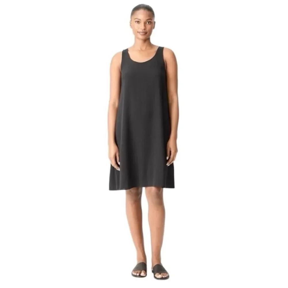 Eileen Fisher NWT Silk Georgette Crepe Scoop Neck Dress in Charcoal Size Medium